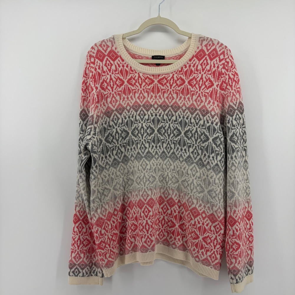 Talbots Women XL Pink Grey‎ Fair Isle Lambswool Blend Crewneck Pullover Sweater